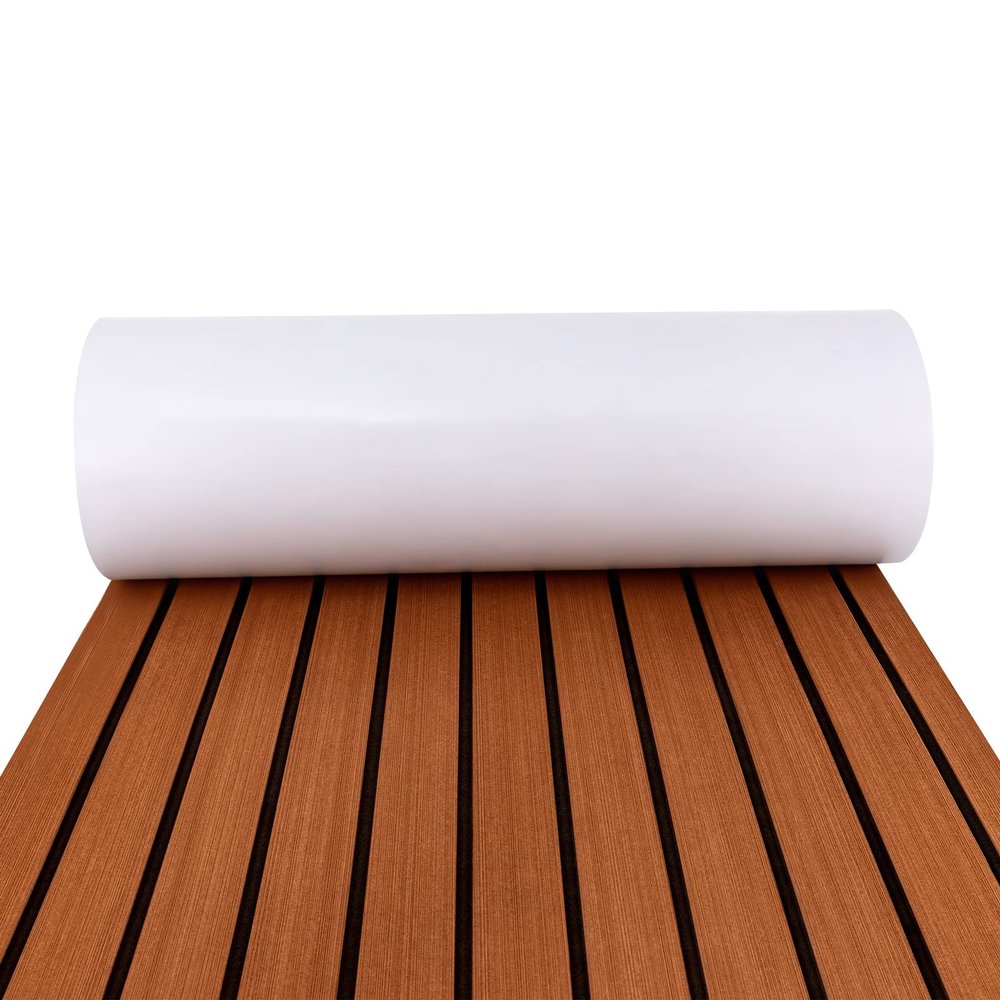 TBVECHI Boat Flooring EVA Foam Decking Sheet 95" x 24" EVA Teak Decking Marine Floor Carpet Sheet Non-Slip Self-Adhesive Yacht Foam Mat Pad for Motorboat RV Yacht Kayak, Brown with Black Seam Lines