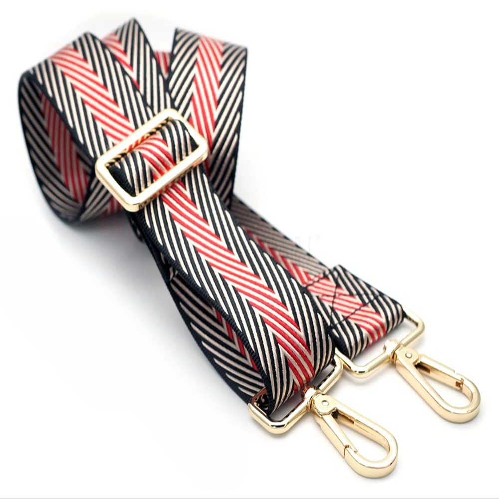 CRAFTMEMORE Wide Shoulder Strap Zigzag Pattern Adjustable Bag Handle Crossbody Nylon Belt Replacement JK17 (Black, Gold Clasp)