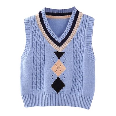easyforever Girls V Neck Uniform Bow Tie Ribbed Trim Twisted Knitted Vest Sweater Cardigan Crochet Knitwear Waistcoat (Square) Blue-1 3-4 Years
