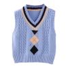 easyforever Girls V Neck Uniform Bow Tie Ribbed Trim Twisted Knitted Vest Sweater Cardigan Crochet Knitwear Waistcoat (Square) Blue-1 3-4 Years view 1