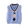 easyforever Girls V Neck Uniform Bow Tie Ribbed Trim Twisted Knitted Vest Sweater Cardigan Crochet Knitwear Waistcoat (Square) Blue-1 3-4 Years view 2