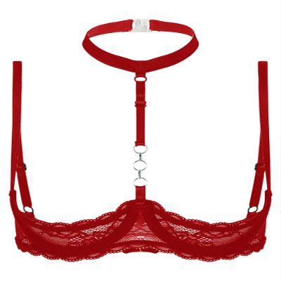 QinCiao Women's Underwire Push Up 1/4 Cups Bra Tops Bralette Halter Neck O Ring Sheer Lace Bandeau Red Large