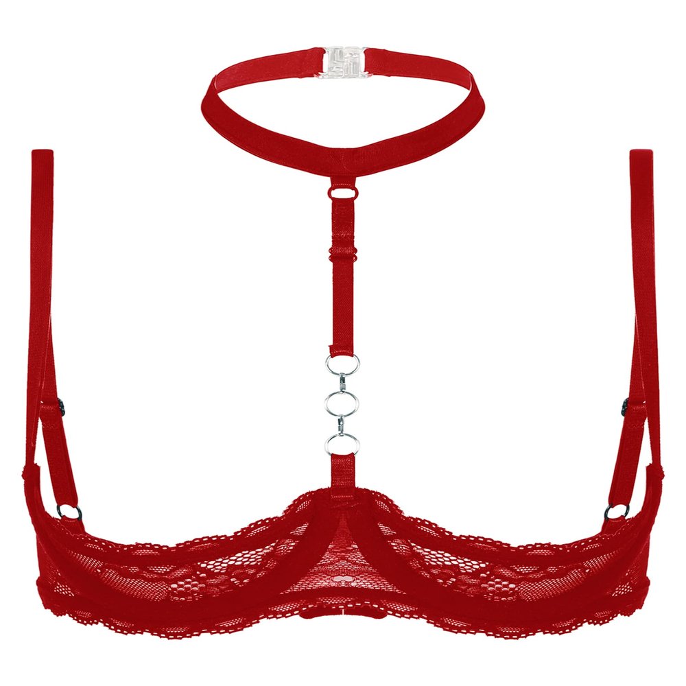 QinCiao Women's Underwire Push Up 1/4 Cups Bra Tops Bralette Halter Neck O Ring Sheer Lace Bandeau Red Large
