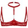 QinCiao Women's Underwire Push Up 1/4 Cups Bra Tops Bralette Halter Neck O Ring Sheer Lace Bandeau Red Large view 2