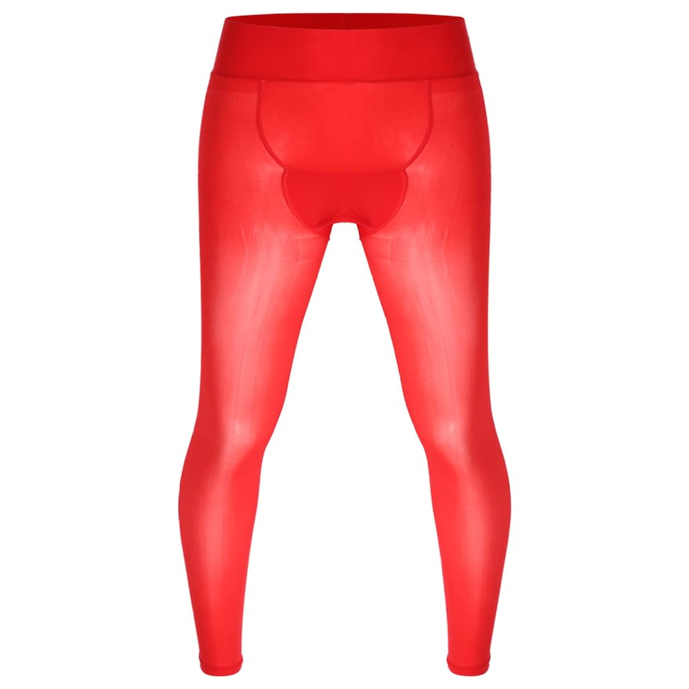 Loloda Men's Sissy Sheer Mesh Long Pants Leggings High Waist Semi See Through Johns Tights Trousers Red One Size