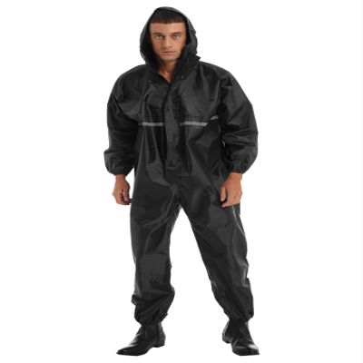 renvena Men's Hooded Jumpsuits Full zip One Piece Lightweight Hooded Raincoat Waterproof Rain Suit Black 3X-Large