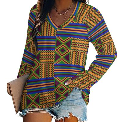 African Kente Print Women Tops V Neck Long SleeveCasual Tunic Tees T-Shirts Blouse