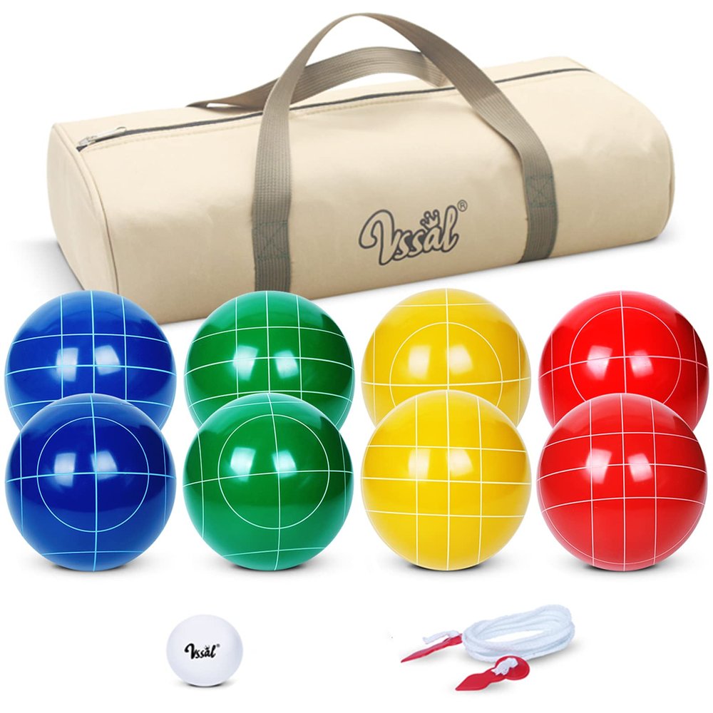 VSSAL Premium Pro 100mm Bocce Ball Set Regulation Size and Weight with 8 Resin Balls, Pallino, Carrying Bag, Measuring Rope, Gift for Family Backyard Lawn Yard Beach Games (Multi Colors, 2-8 Players)