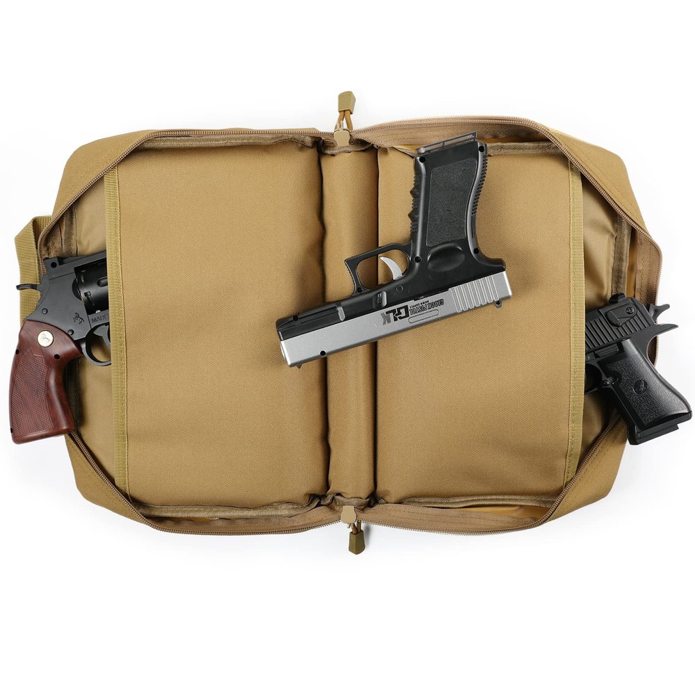 SOWHUP Tactical Pistol Case, Padded Handgun Firearm Case Double Shooting Gun Range Duffle Bag with Multiple Magazine Slots for Hunting Shooting Outdoor Activities (Tan(5 x Mag Slots))