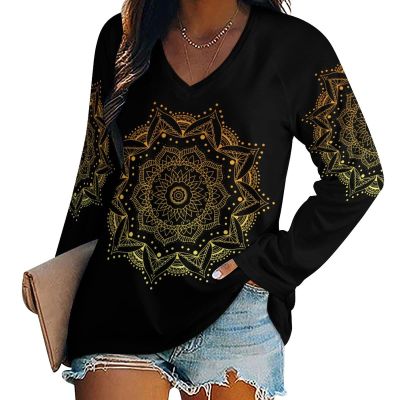 Flower Mandala Women Tops V Neck Long SleeveCasual Tunic Tees T-Shirts Blouse
