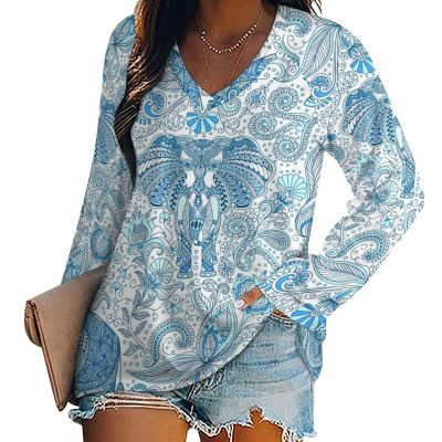 Blue Indian Elephant Women Tops V Neck Long SleeveCasual Tunic Tees T-Shirts Blouse