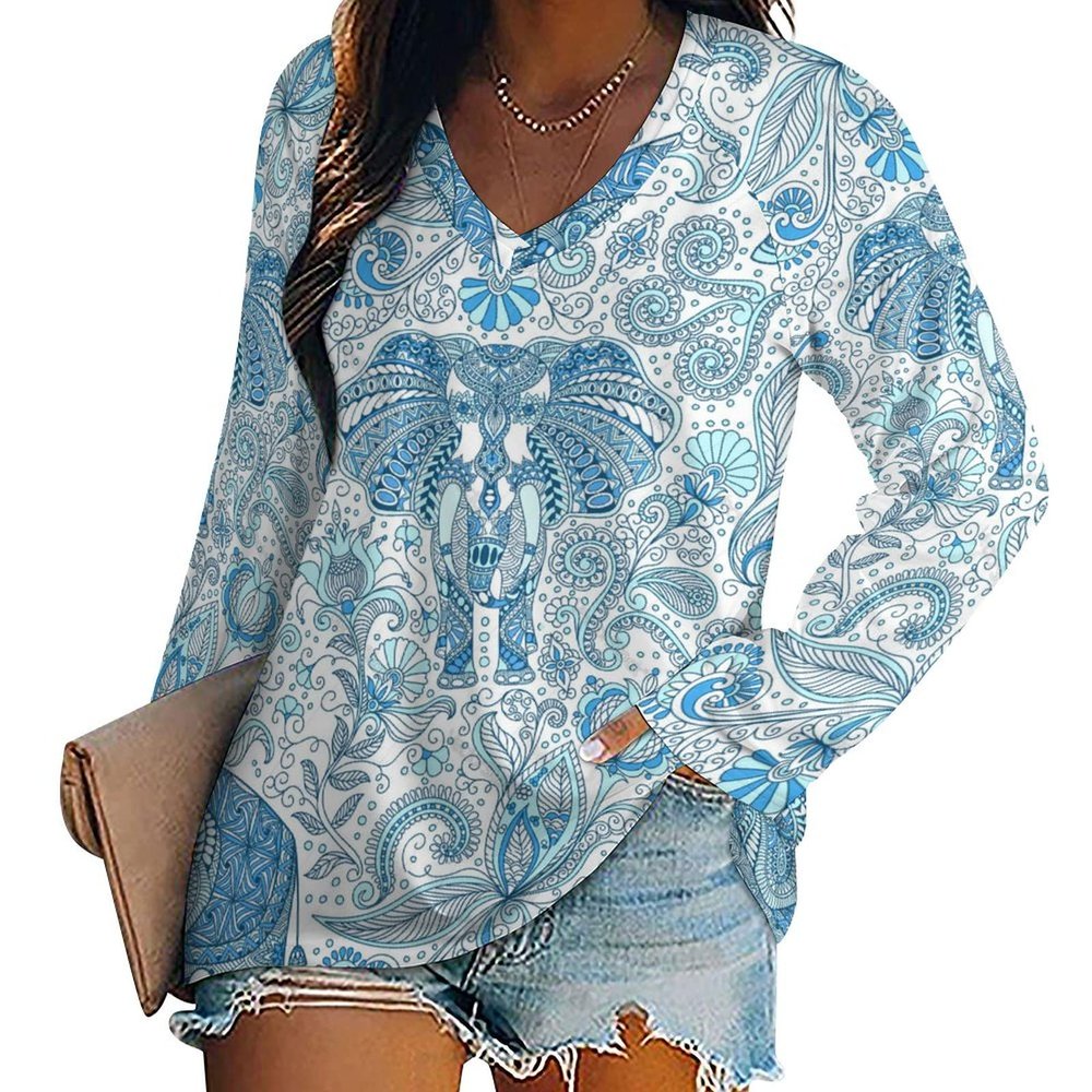Blue Indian Elephant Women Tops V Neck Long SleeveCasual Tunic Tees T-Shirts Blouse