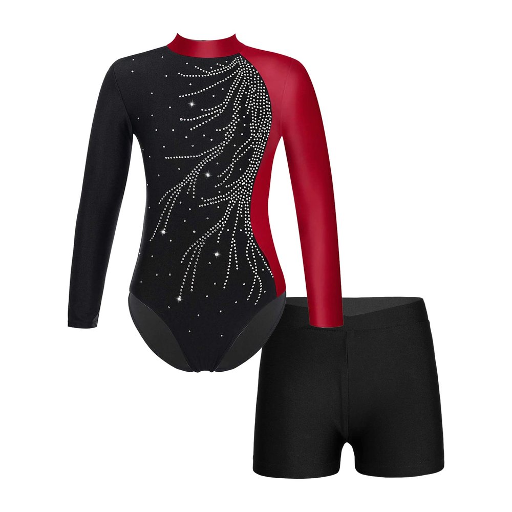 Loyan Kids Girls Rhinestone Ballet Dance Outfits Set 2 Piece Long Sleeve Gymnastic Leotard Biketards and Short Dancewear Burgundy 14 Years