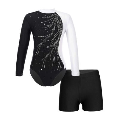 Loyan Kids Girls Rhinestone Ballet Dance Outfits Set 2 Piece Long Sleeve Gymnastic Leotard Biketards and Short Dancewear White 12 Years