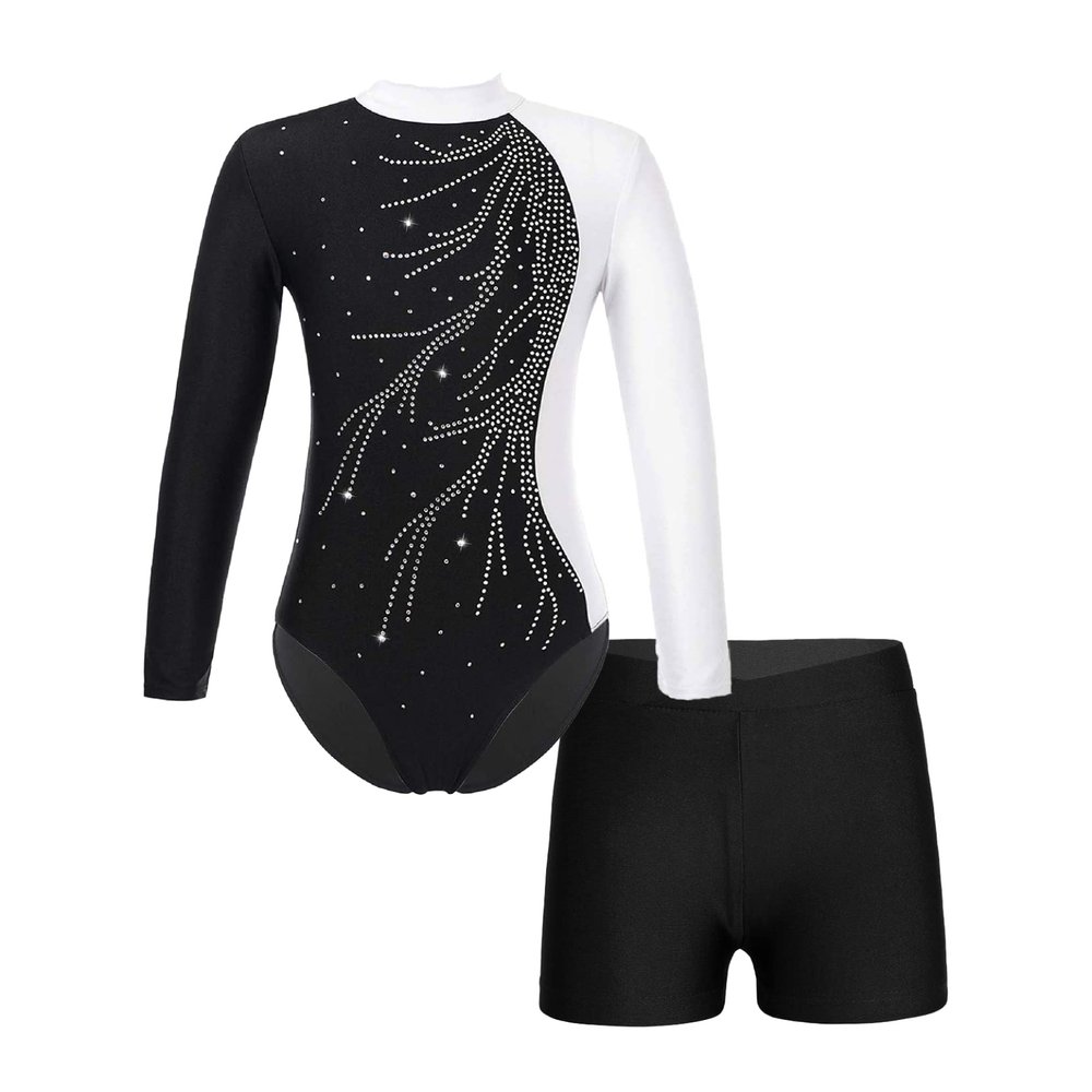 Loyan Kids Girls Rhinestone Ballet Dance Outfits Set 2 Piece Long Sleeve Gymnastic Leotard Biketards and Short Dancewear White 12 Years