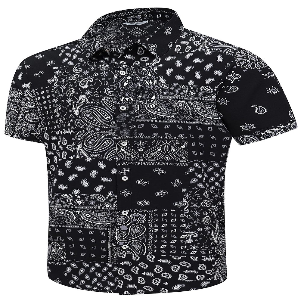 SheLucki Hawaiian Shirt for Men, Unisex Summer Beach Casual Short Sleeve Button Down Shirts, Printed Palmshadow Clothing Paisley Black 2XL