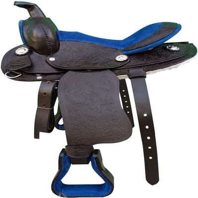 11 Kids Western Pony Size Barrel Racer Saddle, Trail Riding Leather Horse Saddle, Blue
