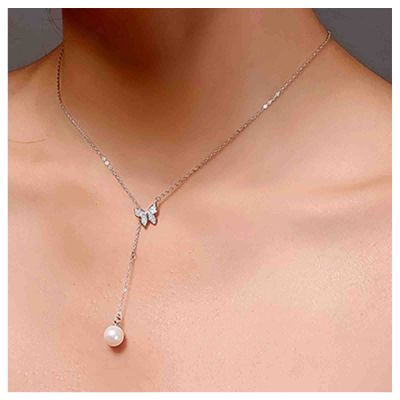 Erimberate Bohemian Pearl Lariat Y Necklace Crystal Butterfly Choker Necklace Silver Pearl Drop Necklace Chain Cz Butterfly Y Chain Necklace Jewelry for Women and Girls Gifts