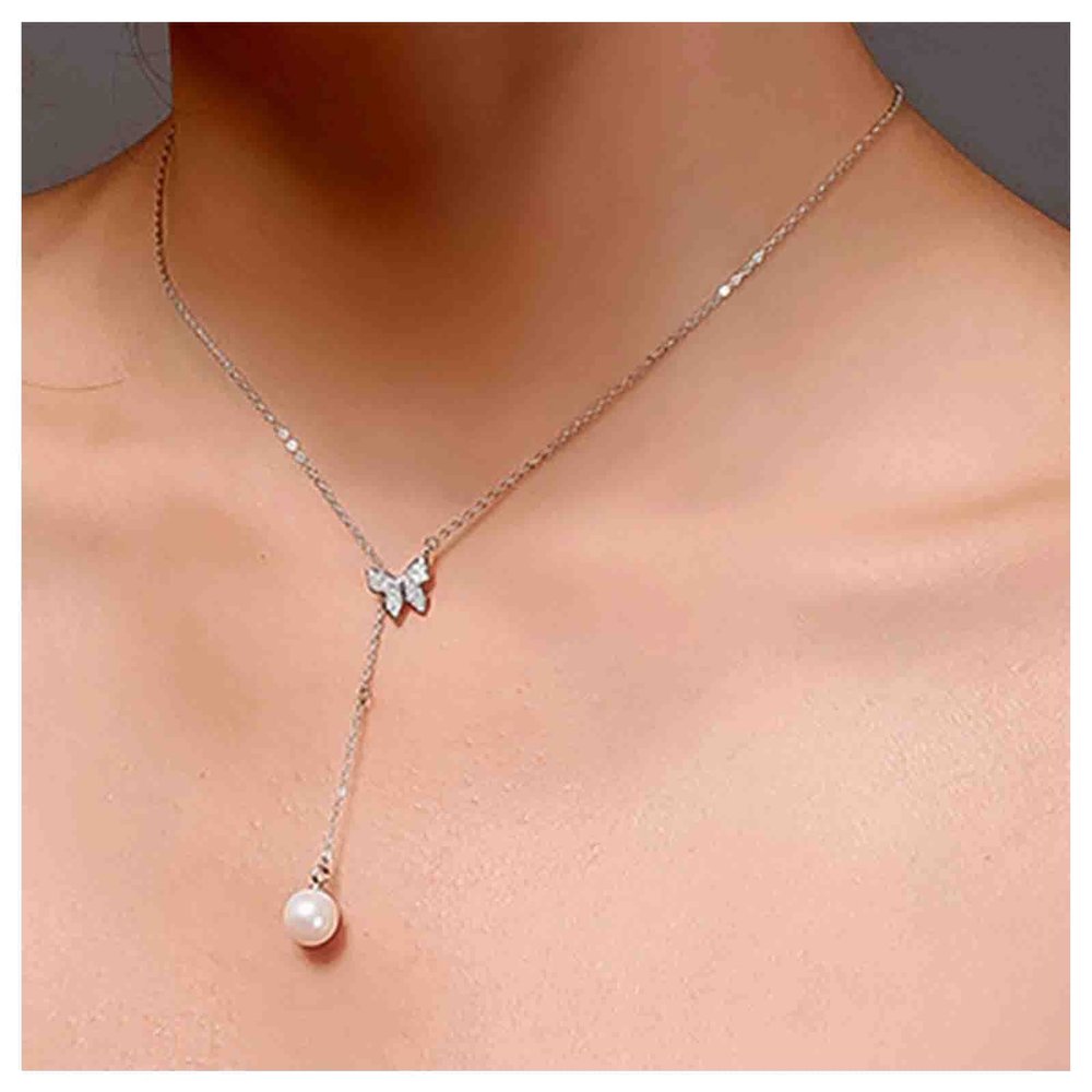 Erimberate Bohemian Pearl Lariat Y Necklace Crystal Butterfly Choker Necklace Silver Pearl Drop Necklace Chain Cz Butterfly Y Chain Necklace Jewelry for Women and Girls Gifts