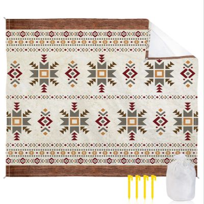 Beach Blanket Waterproof Sandproof Beach Mat,Aztec Ethnic Retro Art Picnic Blankets with Sand Pockets and Stakes,Boho Style Farm Retro Plank Outdoor Pad for Seaside,Travel,Camping 118x108In