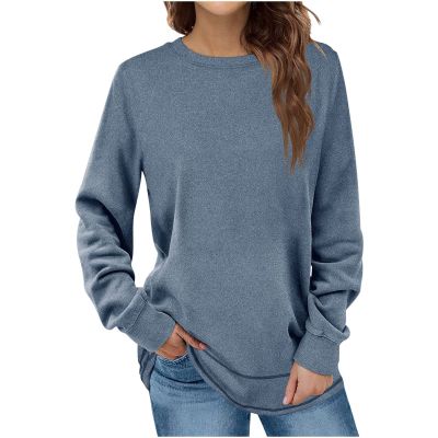 PBNBP Womens Crewneck Solid Color Sweatshirts Pullover Daily Wear Fall Winter Long Sleeve Tops Curved-Hem Loose Fit Dressy Shirts Camisas