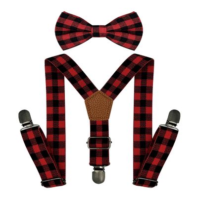 BEWDIO Red Plaid Suspenders and Bow Tie Set for Boys, Christmas Bowtie and Suspenders with 4 Strong Metal Clips (4-10-1)