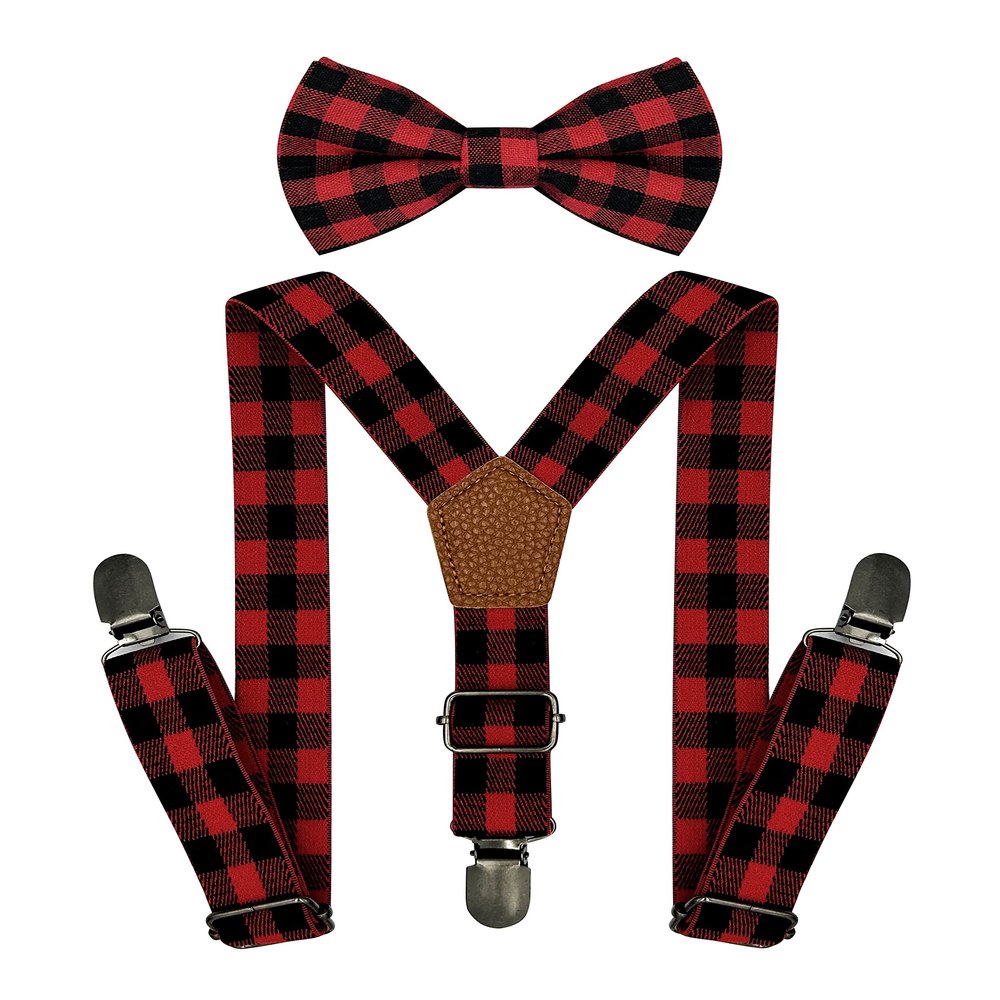 BEWDIO Red Plaid Suspenders and Bow Tie Set for Boys, Christmas Bowtie and Suspenders with 4 Strong Metal Clips (4-10-1)