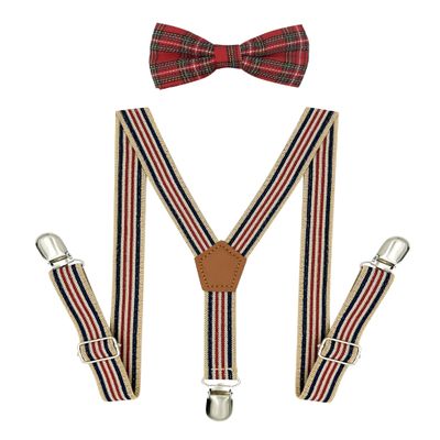 BEWDIO Stripe Baby Suspenders and Bow Tie Set, Plaid Bowtie and Suspenders with 4 Strong Metal Clips (4-08-1)