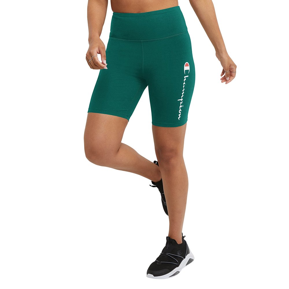 Champion Bike, Authentic, Moisture Wicking, Bikers Shorts for Women, 7" (Plus, Everglade Green Script, X-Small