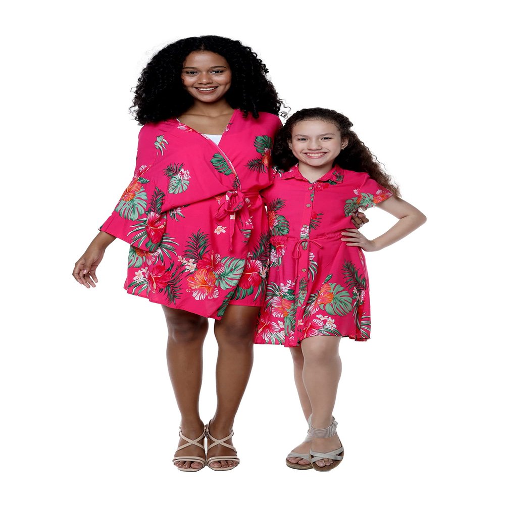 Matchable Mother Daughter Hawaiian Luau Shirts, Pretty Tropical Hot Pink, Scrunchies, One Size