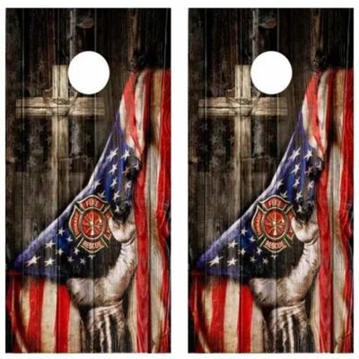 Firefighter Cross Barn Wood Cornhole Board Wraps Laminated Wood Board Skins for Cornhole Game, Durable Waterproof Design, Easy to Apply, Perfect for Firefighter Fans, Free Laminate Included