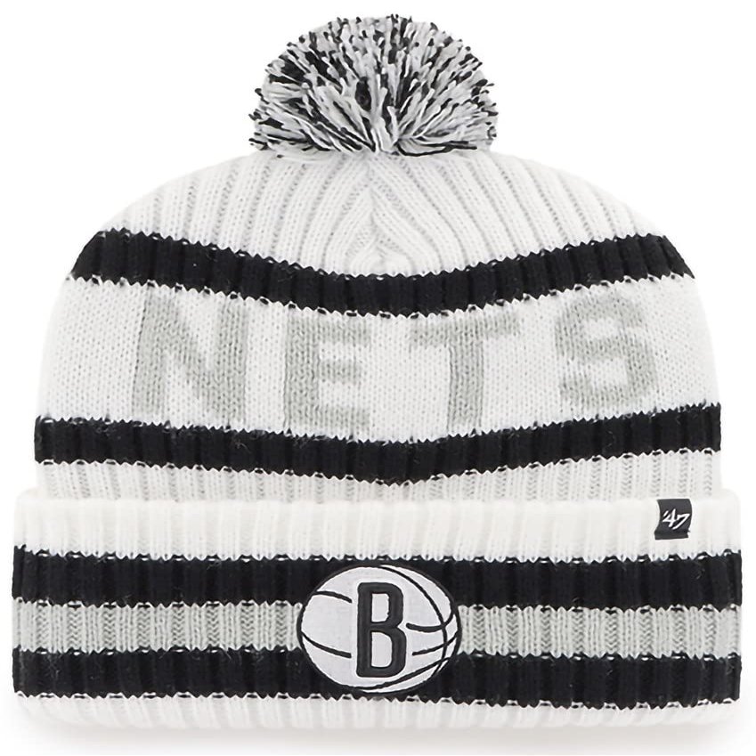 47 NBA Unisex-Adult Primary Logo Bering Cuffed Knit Pom Beanie Hat (Brooklyn Nets White)
