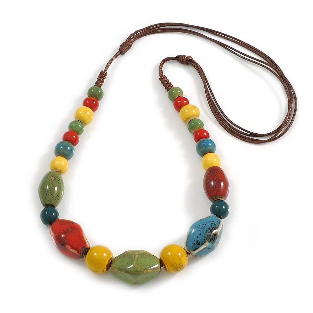 Avalaya Multicoloured Graduated Ceramic Bead Brown Silk Cords Necklace/50cm to 60cm L/Slight Variation In Colour/Natural Irregularities