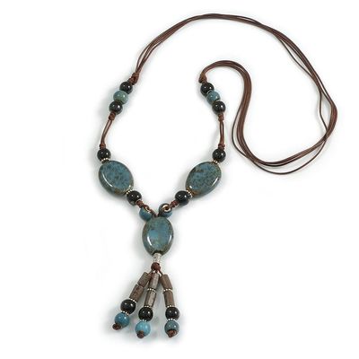 Avalaya Light Blue/Black Ceramic and Wood Bead Tassel Brown Silk Cord Necklace/70cm to 80cm L/Slight Variation In Colour/Natural Irregularities
