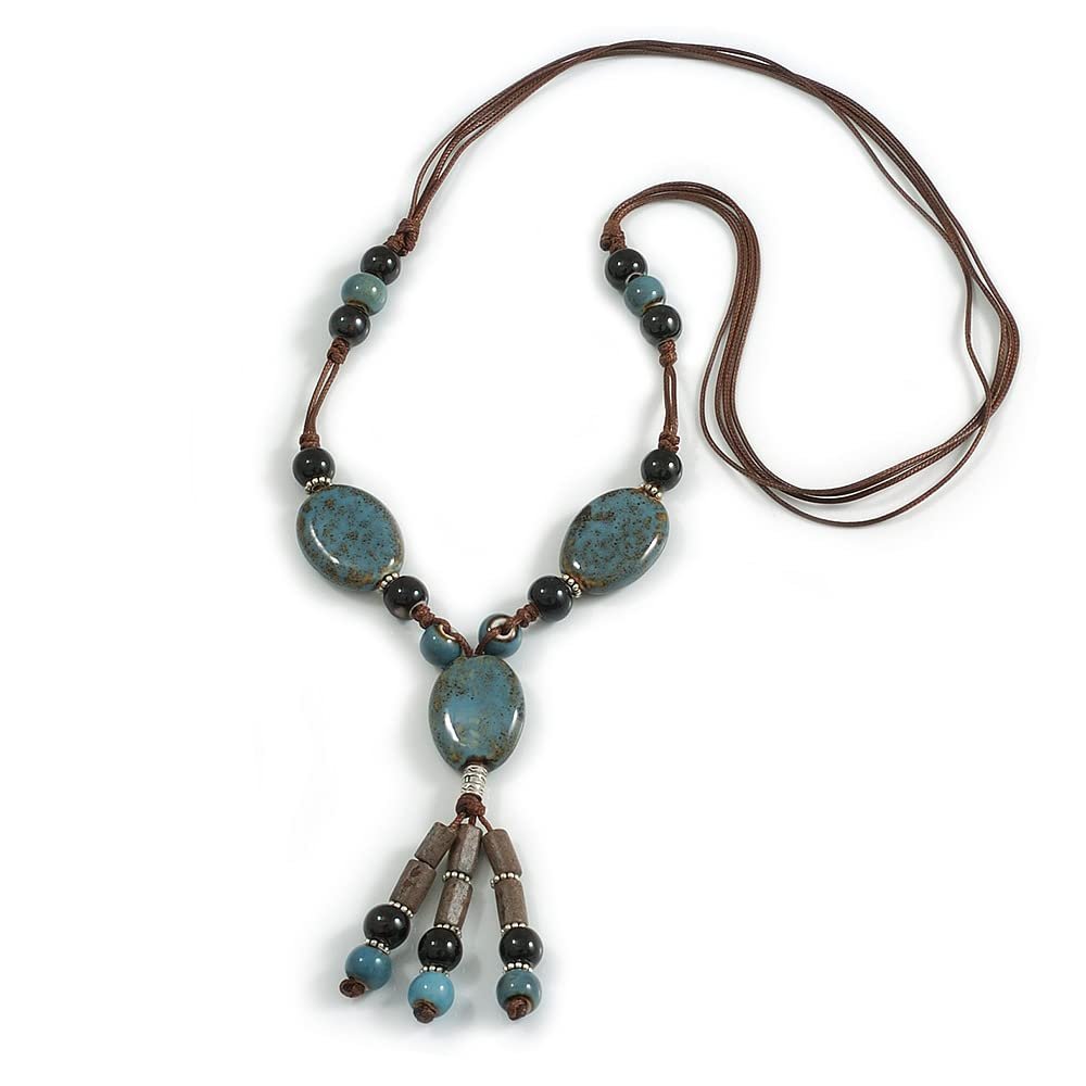 Avalaya Light Blue/Black Ceramic and Wood Bead Tassel Brown Silk Cord Necklace/70cm to 80cm L/Slight Variation In Colour/Natural Irregularities