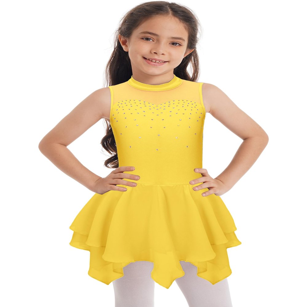 Jhaoyu Kids Girls Sleeveless Ice Skating Dress Ballet Dance Leotards Skirt Figure Skating Competition Costume Yellow 16 Years