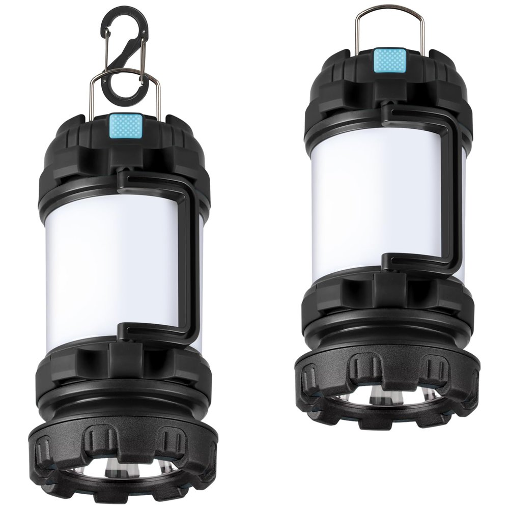 BOBKID 2 Pack Camping Lantern, Outdoor LED Camping Light, Rechargeable Flashlights with 1000LM, 6 Modes, IPX5 Waterproof Portable Emergency Camp Light for Hurricane Survival - Black