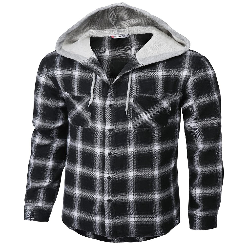 H2H Mens Casual Button Down Long Sleeve Plaid Shirts Hoodie US 2XL/Asia 3XL (CMOJA0105)