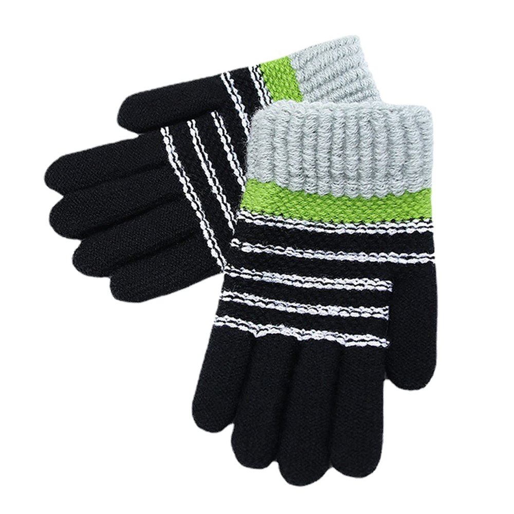 Winter Five Finger Gloves Kids Ski Mittens Winter Keep Warm Knitting Windproof Waterproof Golves Outdoor Stripe Print (Grey, One Size)