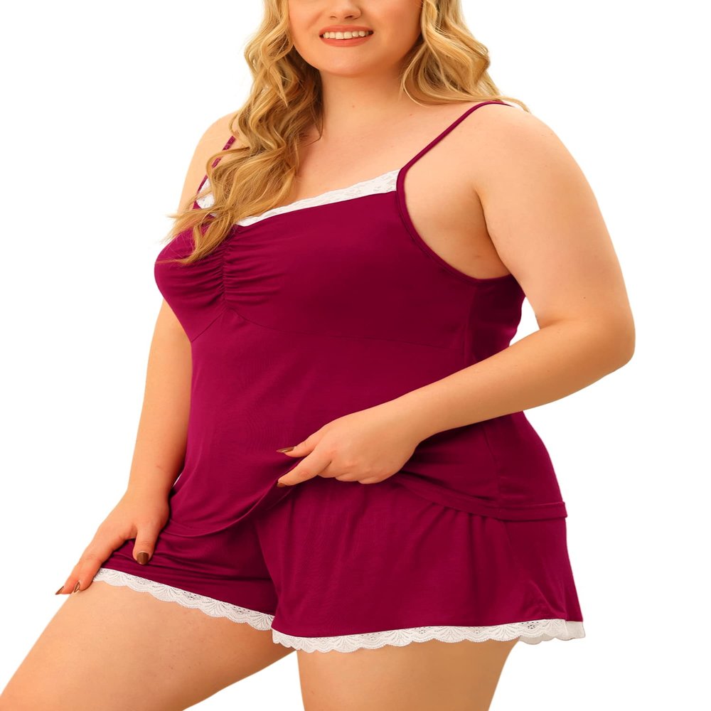 Agnes Orinda Plus Size Pajama Cami Shorts Sets for Women Pj Nightwear Sexy Lace Lingerie Sleepwear 3X Burgundy