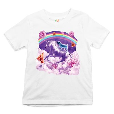 Pug Riding a Unicorn in Clouds Youth T-Shirt Space Rainbow Trippy Donuts Kids White Small