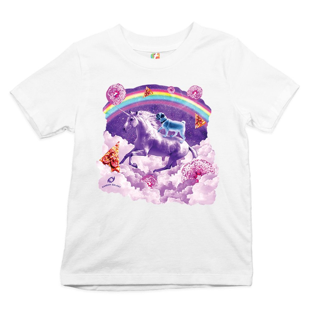 Pug Riding a Unicorn in Clouds Youth T-Shirt Space Rainbow Trippy Donuts Kids White Small