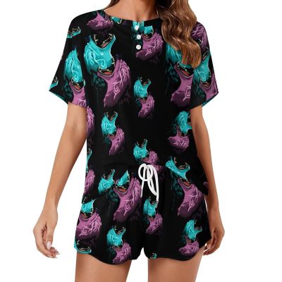 Blue Purple Thunder Wolf Womens Pajamas Set Button Short Sleeve Shirt with Shorts Soft Loungewear 2-Piece Sleepwear PJ Set Style