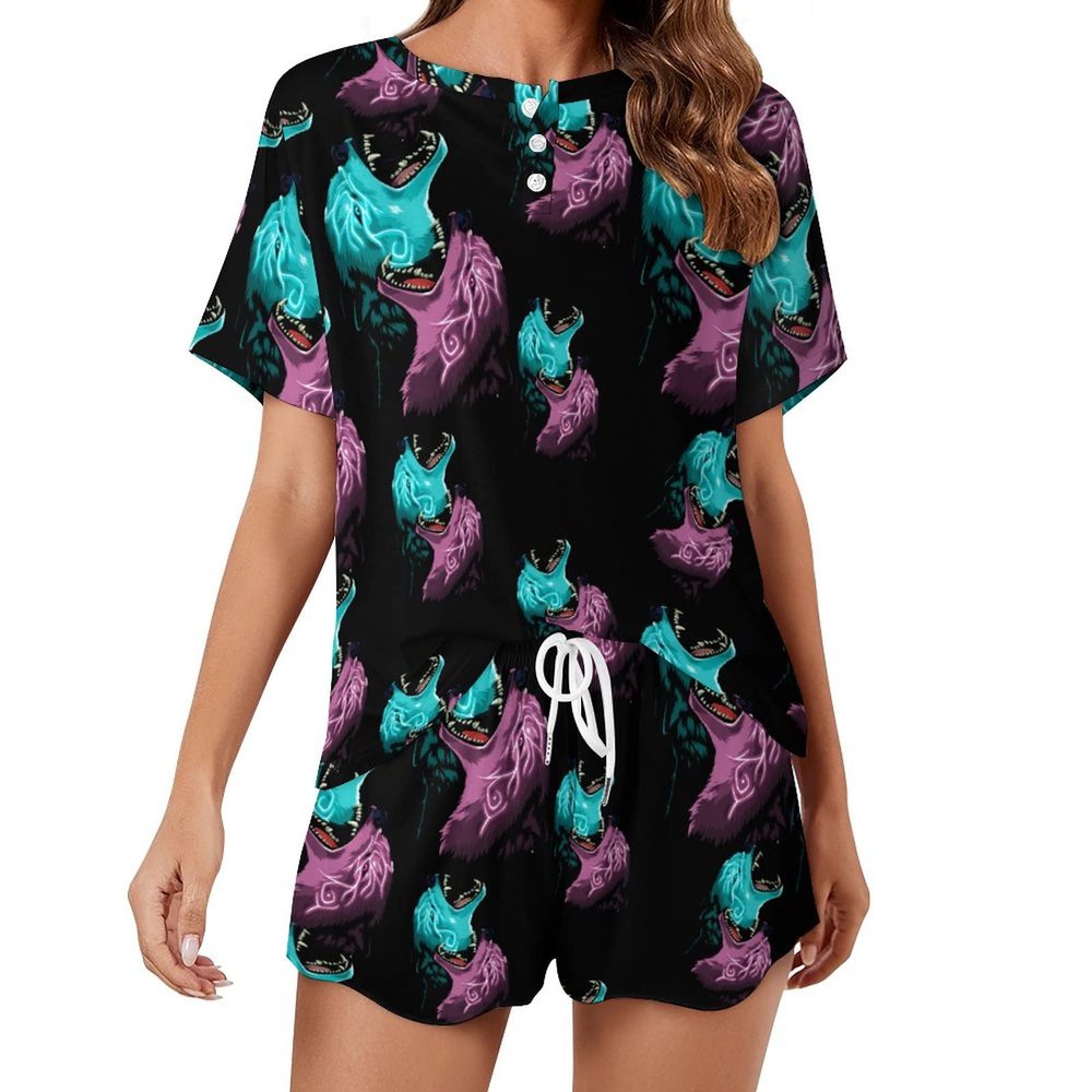 Blue Purple Thunder Wolf Womens Pajamas Set Button Short Sleeve Shirt with Shorts Soft Loungewear 2-Piece Sleepwear PJ Set Style