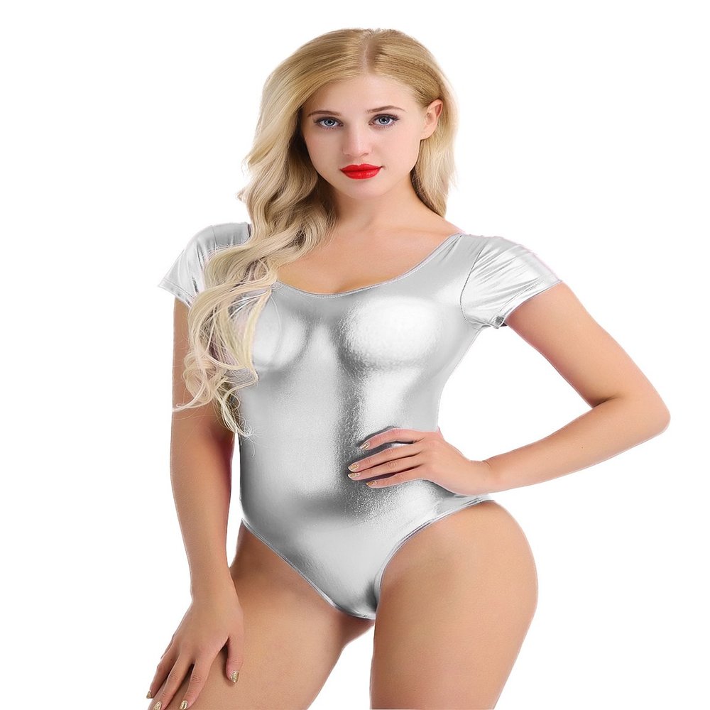 Linjinx Women Metallic Liquid Shiny Gymnastics Leotard Dance Costume Sleeveless Round Neck Tank Top Silver Small