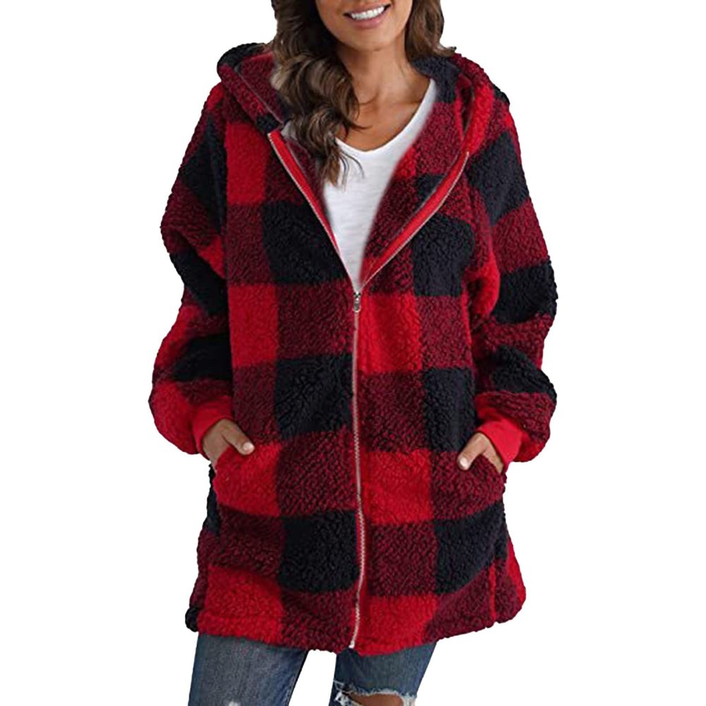 XUETON Women's Casual Wool Blend Flannel Plaid Shackets Zip Up Winter Lightweight Thermal Tartan Over Shirt Trench Coat(Red,XX-Large)