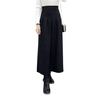 chouyatou Women's Winter High Waist Wide Leg Plaid Wool Blend Palazzo Capri Pants Culottes with Pockets (Medium, Black)