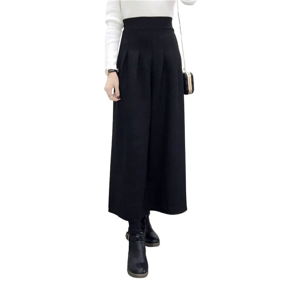 chouyatou Women's Winter High Waist Wide Leg Plaid Wool Blend Palazzo Capri Pants Culottes with Pockets (Medium, Black)