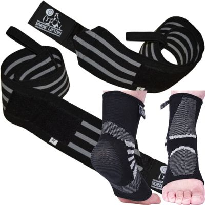 Nordic Lifting Super Heavy Duty Wrist Wraps - Black Grey Bundle with Ankle Compression Sleeves Medium