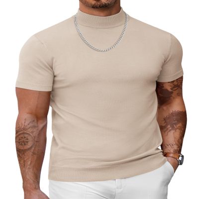 COOFANDY Men's Knit Mock Turtleneck Short Sleeve Casual Dress Sweater Solid Color Pullover Sweater Slim Fit Knitted Basic Tops Apricot Small